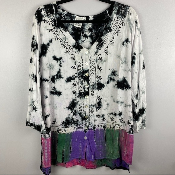 Parsley & Sage Black White Tie Dye Multi Colour Hem Embroidered Button Down XL - Picture 2 of 11